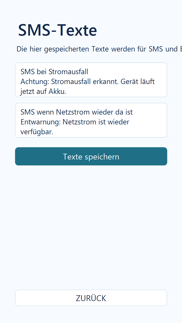 StromPing SMS-Texte in Version 1.1.14