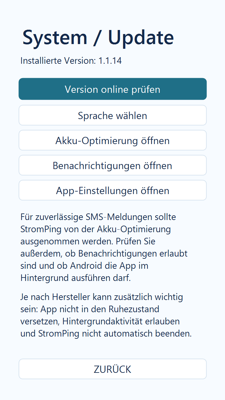 StromPing System und Update in Version 1.1.14